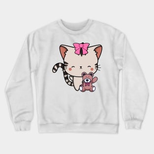 Cute tabby cat holds a teddy bear Crewneck Sweatshirt